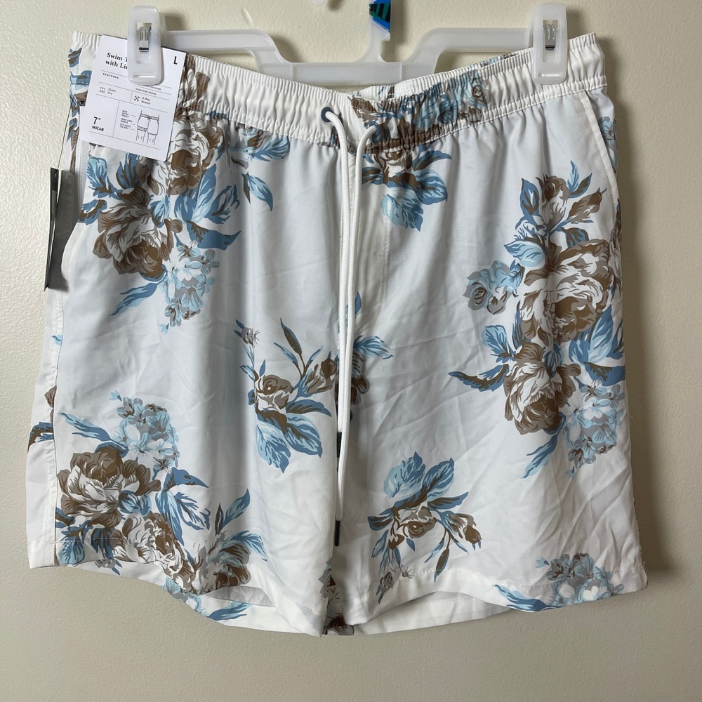 Goodfellow & Co Mens White Floral Swim Trunks 7" Inseam UPF 50+ Quick Dry LARGE